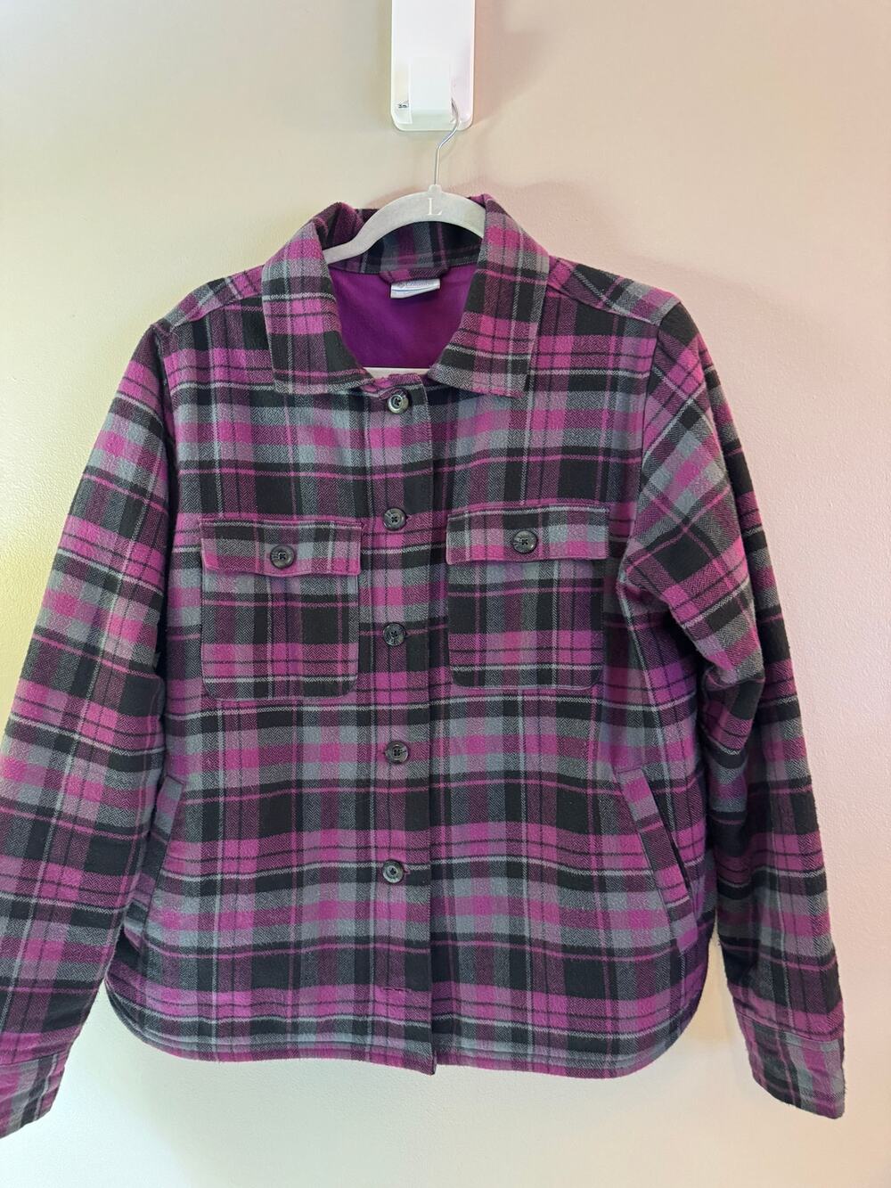 Columbia Women’s XL Purple Plaid Fleece Lined Flannel Shirt Jacket Shacket
